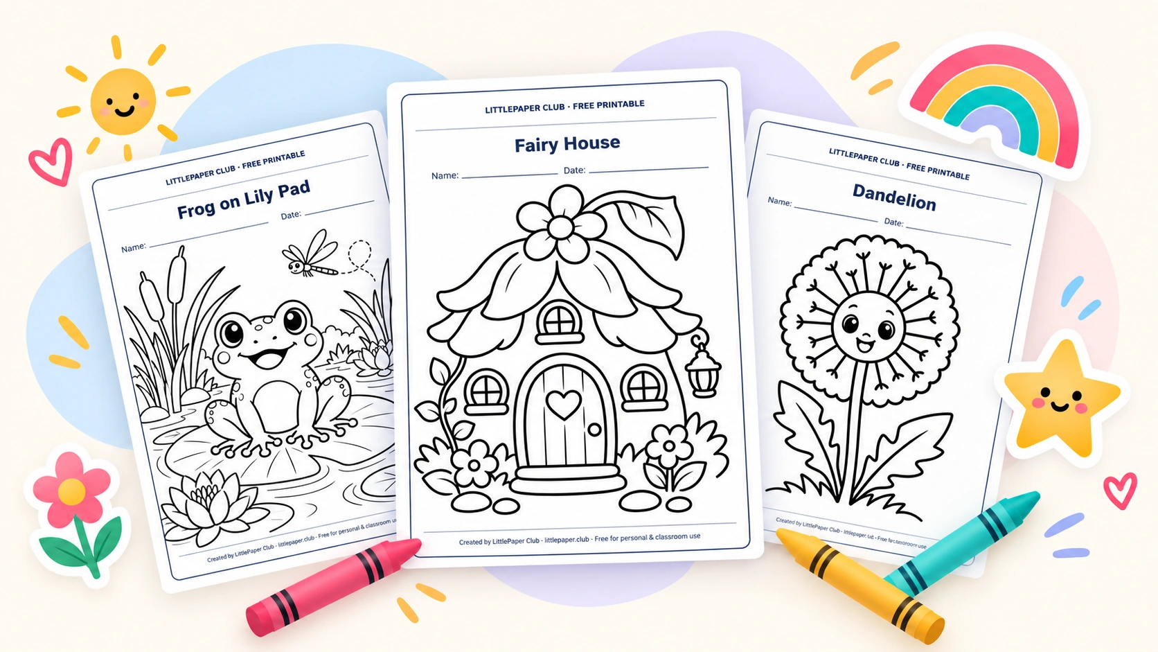 LittlePaper Club coloring sheets: a frog on a lily pad, a fairy house and a smiling dandelion, with a rainbow and crayons