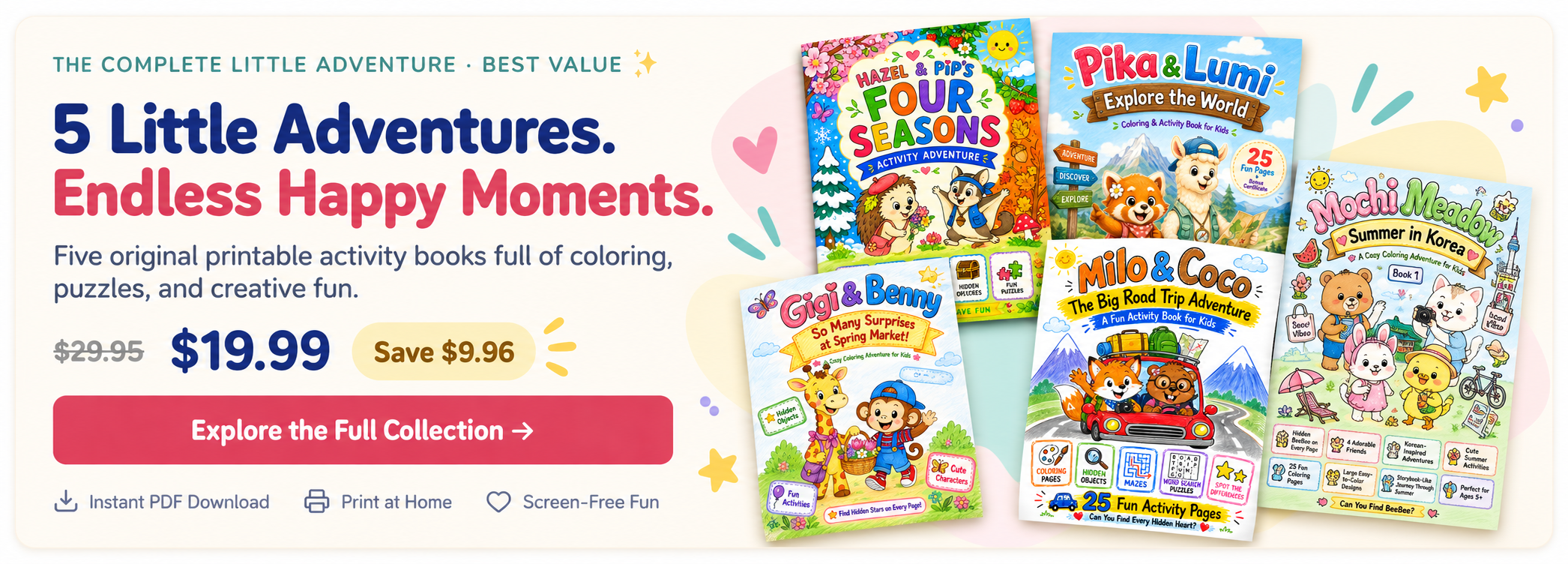 The five LittlePaper Club book covers: Hazel & Pip, Pika & Lumi, Gigi & Benny, Milo & Coco and Mochi Meadow