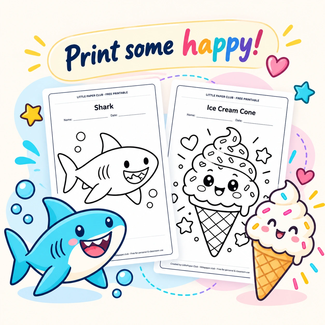 Print some happy: LittlePaper Club shark and ice cream coloring sheets with colorful characters