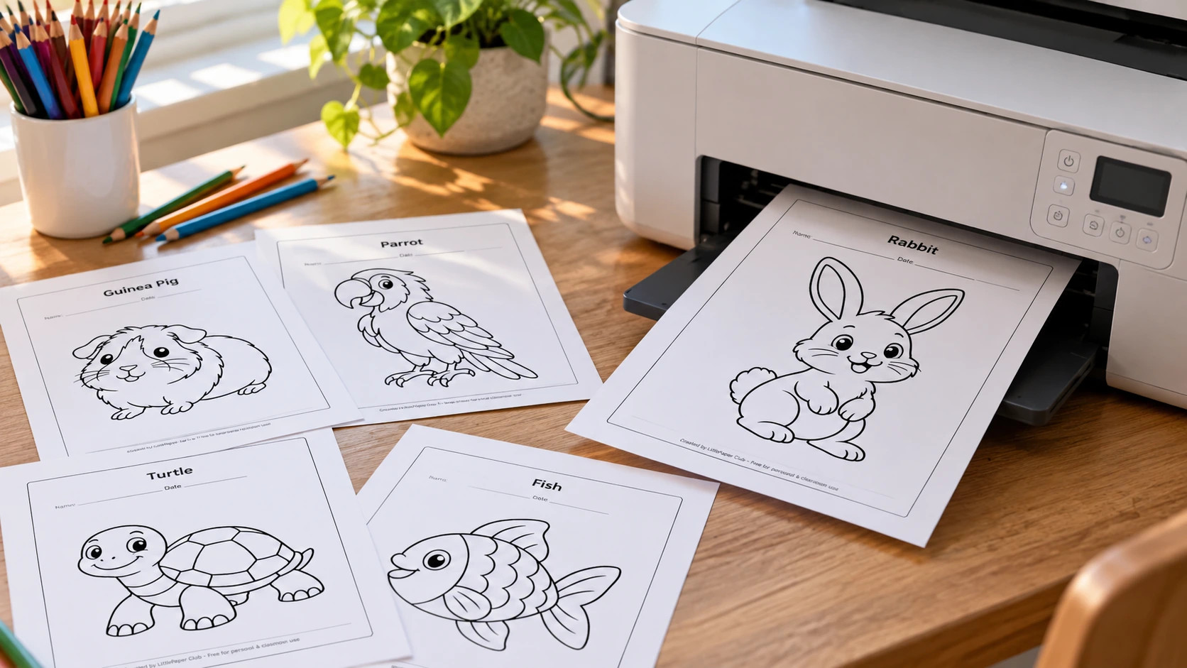 A home printer printing a rabbit coloring page, with animal coloring sheets and pencils on a sunny craft table