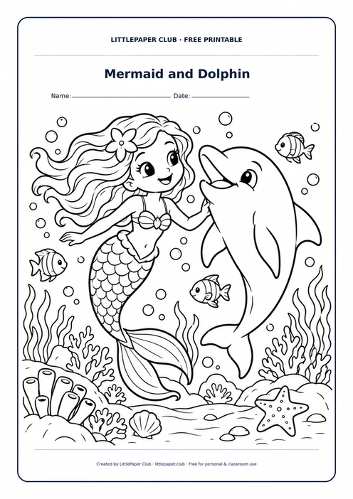 Mermaid And Dolphin Coloring Page