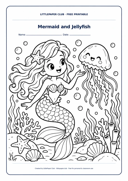 Mermaid And Jellyfish Coloring Page
