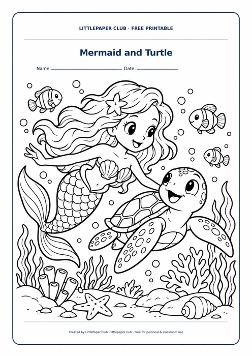 Mermaid And Sea Turtle Coloring Page