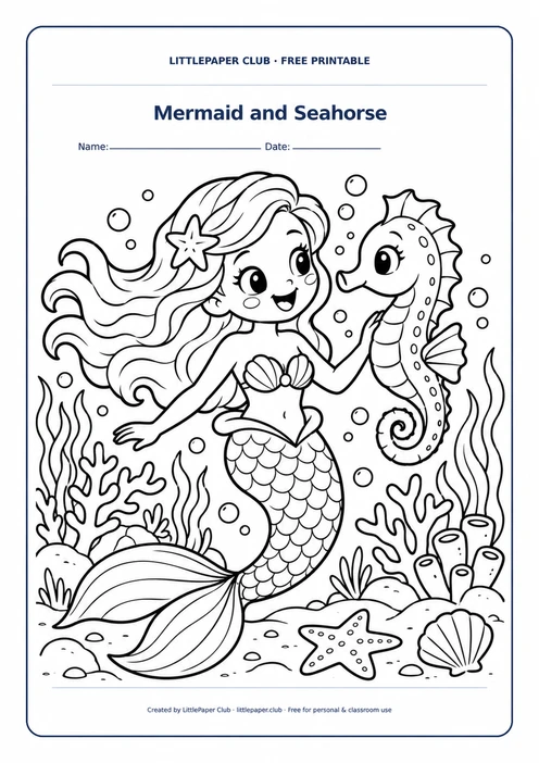 Mermaid And Seahorse Coloring Page