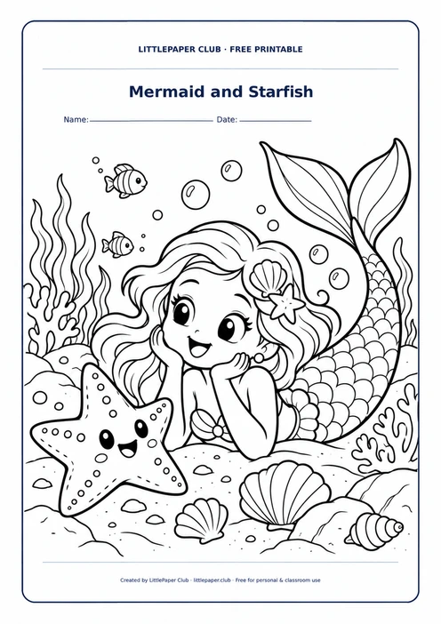 Mermaid And Starfish Coloring Page
