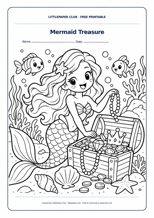 Mermaid And Treasure Coloring Page