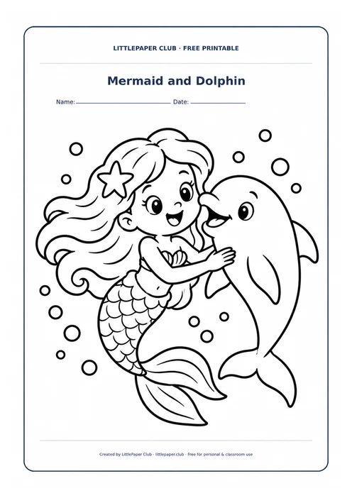 Mermaid And Dolphin Coloring Page