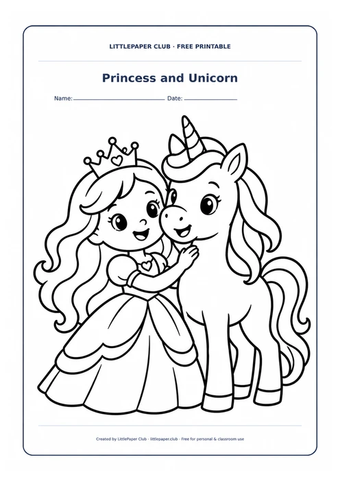 Princess And Unicorn Coloring Page