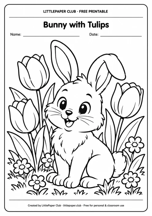 Bunny And Tulips Coloring Page