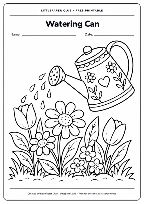 Watering Can And Flowers Coloring Page